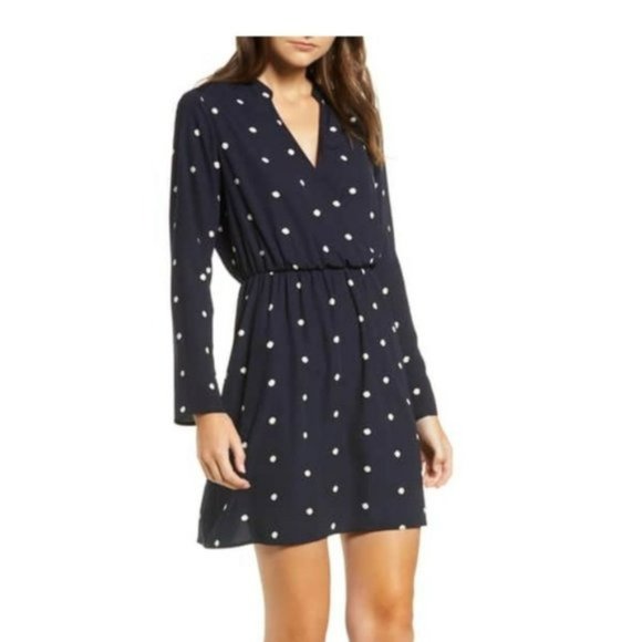 Nordstrom Long Sleeve Navy Polka Dot Mini Dress M - Picture 1 of 10